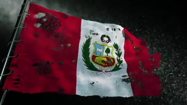 Peru Bayrağı Yırtılmış Covid Veya Corona Virüsü Ile Işaretlenmiş — Stok video