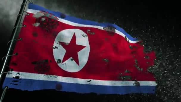 Bandeira Coreia Norte Está Rasgada Marcada Com Vírus Covid Corona — Vídeo de Stock