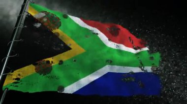 Güney Afrika bayrağı yırtılmış ve covid-19 veya corona virüsü ile işaretlenmiş.