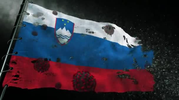スロベニアの旗は引き裂かれ Covid 19またはコロナのウイルスでマークされています — ストック動画