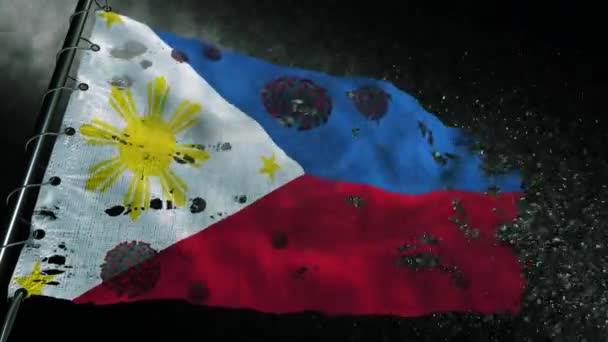 フィリピンの旗は引き裂かれ Covid 19またはコロナのウイルスでマークされています — ストック動画