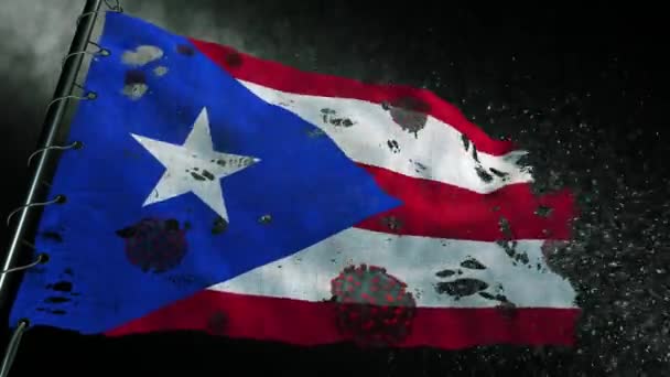 Porto Riko Bayrağı Covid Veya Corona Virüsü Ile Yırtılmış Işaretlenmiş — Stok video