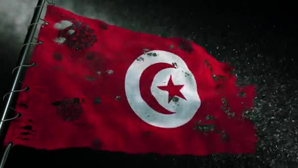Flaga Tunezji Jest Rozdarta Oznaczona Wirusem Covid Lub Koroną — Wideo stockowe