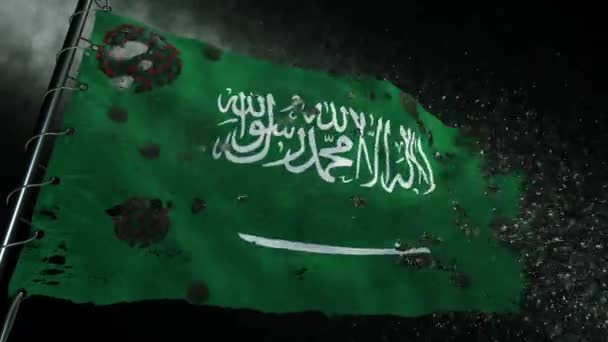 Drapeau Arabie Saoudite Est Déchiré Marqué Avec Virus Covide Couronne — Video