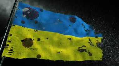 Ukrayna bayrağı yırtılmış ve covid-19 veya corona virüsü ile işaretlenmiş.