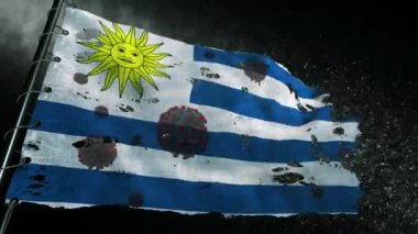 Uruguay bayrağı, covid-19 veya corona virüsü ile yırtılmış ve işaretlenmiş.
