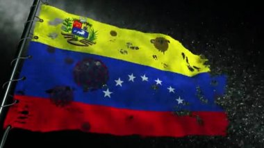 Venezuela bayrağı yırtılmış ve covid-19 veya corona virüsü ile işaretlenmiş.