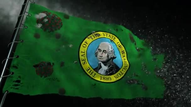 Bandera Washington Está Rasgada Marcada Con Virus Del Covidio Corona — Vídeo de stock