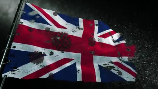 Bandera Reino Unido Está Desgarrada Marcada Con Virus Covid Corona — Vídeo de stock