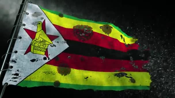 ジンバブエの旗は引き裂かれ Covid 19またはコロナのウイルスでマークされています — ストック動画
