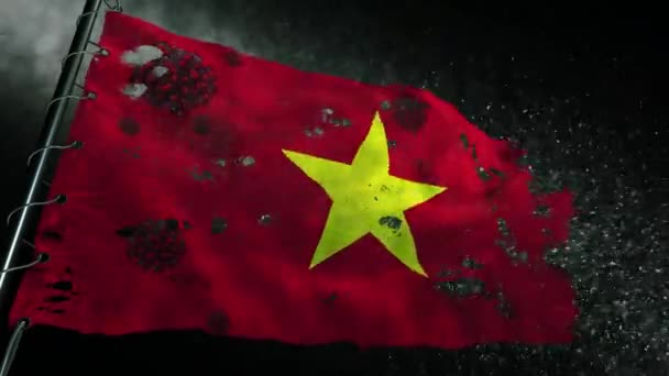 Flaga Wietnamu Jest Rozdarta Oznaczona Wirusem Covid Lub Koroną — Wideo stockowe