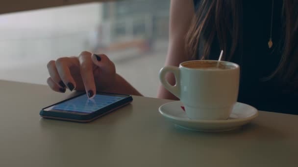 Een Mooie Vrouw Typt Een Bericht Haar Smartphone — Stockvideo