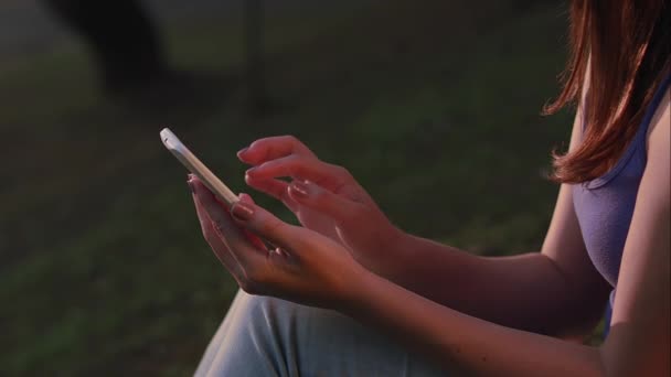So Paulo 'daki park günbatımında tablet kullanan Brezilyalı bir kadın. — Stok video