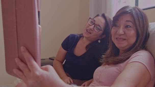 Mother Daughter Chatting Video Call Using Tablet — Stock Video