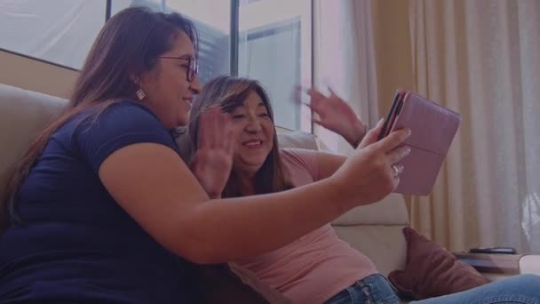 Mor Och Dotter Chattar Ett Videosamtal Med Surfplattan — Stockvideo