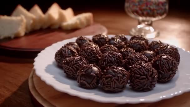 ブラジルの伝統的なパーティーキャンディ チョコレートブリガダイロ — ストック動画