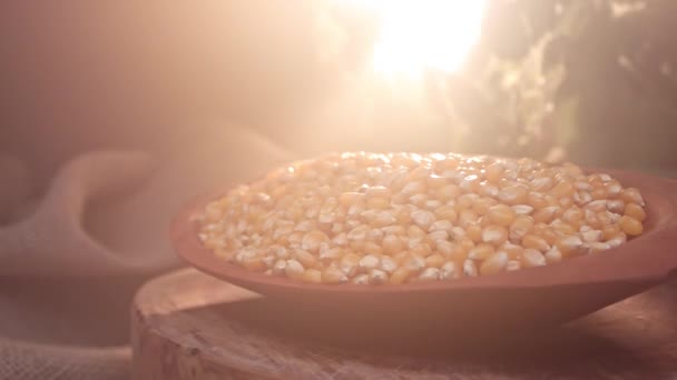 用木锅盛放生玉米 — 图库视频影像