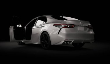 Imaty, Kazakistan, 5 Kasım 2019. Siyah arka planda Toyota Camry 70. 3d hazırlayıcı