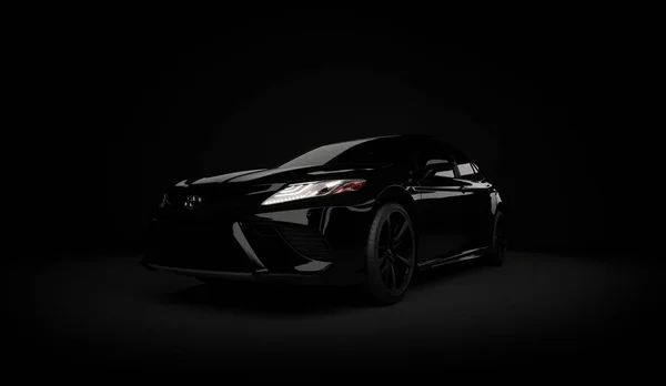 Lmaty, Cazaquistão, 5 de novembro de 2019. Toyota Camry 70 no fundo preto. Renderização 3D — Fotografia de Stock