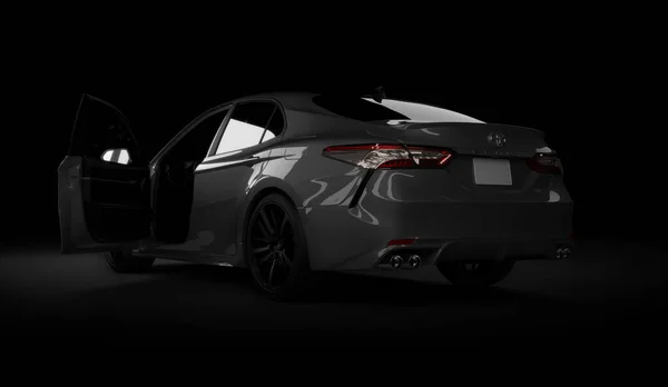 Lmaty, Cazaquistão, 5 de novembro de 2019. Toyota Camry 70 no fundo preto. Renderização 3D — Fotografia de Stock