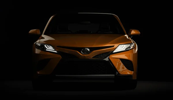 Lmaty, Cazaquistão, 5 de novembro de 2019. Toyota Camry 70 no fundo preto. Renderização 3D — Fotografia de Stock