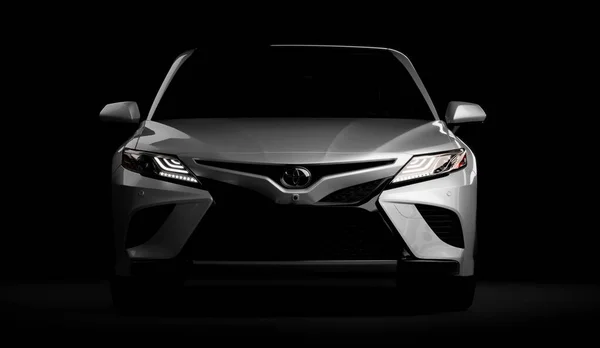 Lmaty, Cazaquistão, 5 de novembro de 2019. Toyota Camry 70 no fundo preto. Renderização 3D — Fotografia de Stock