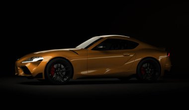 Almaty, Kazakistan. 15 Kasım: Siyah arka planda hızlı spor araba Toyota supra Gr. 3d hazırlayıcı
