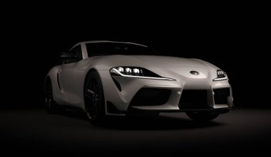 Almaty, Kazakistan. 15 Kasım: Siyah arka planda hızlı spor araba Toyota supra Gr. 3d hazırlayıcı