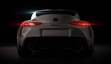 Almaty, Kazakistan. 15 Kasım: Siyah arka planda hızlı spor araba Toyota supra Gr. 3d hazırlayıcı
