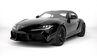 Almaty, Kazakistan. 15 Kasım: Hızlı spor araba Toyota supra Gr beyaz arka planda izole edildi. 3d hazırlayıcı