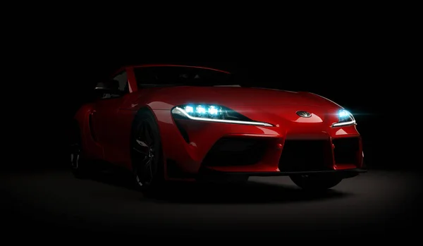 Almaty, Kazahstan. 15 noiembrie: masina sport rapida Toyota supra GR pe fundal negru. Redare 3D — Fotografie, imagine de stoc