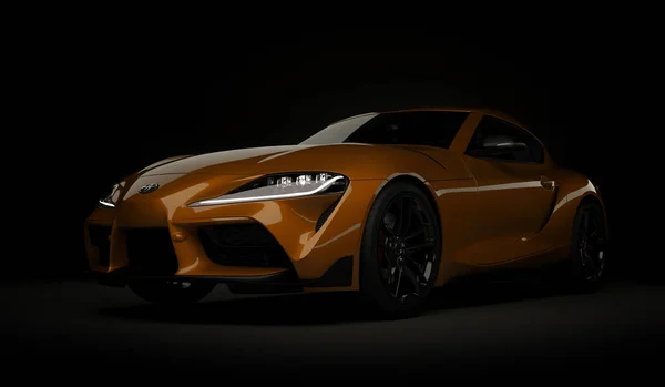 Almaty, Cazaquistão. 15 de novembro: carro esporte rápido Toyota supra GR no fundo preto. Renderização 3D — Fotografia de Stock