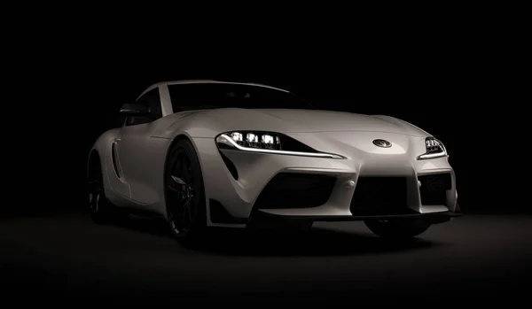 Алмати, Казахстан. 15 листопада: швидкісний спортивний автомобіль Toyota supra Gr на чорному тлі. 3d рендеринг — стокове фото