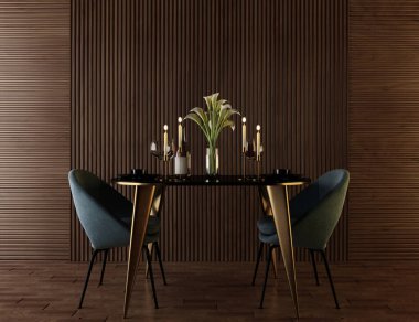 Ahşap duvarlı, sehpalı ve özel sandalyeli lüks bir yer. 3d hazırlayıcı