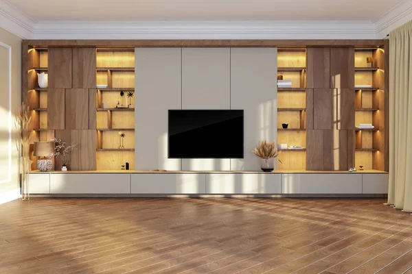 Tv enhet i vardagsrummet interiör med svart Tv på väggen. Belysta hyllor. 3D-återgivning — Stockfoto