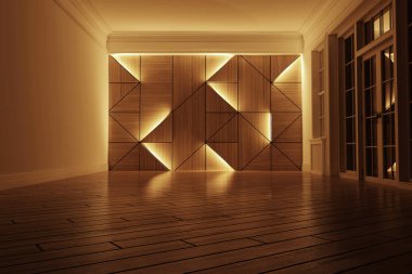 Geometrik ahşap duvar. İç mekan ve dekor fikri. Modern ve çağdaş tarzda. Tasarım arka planını yumuşat.