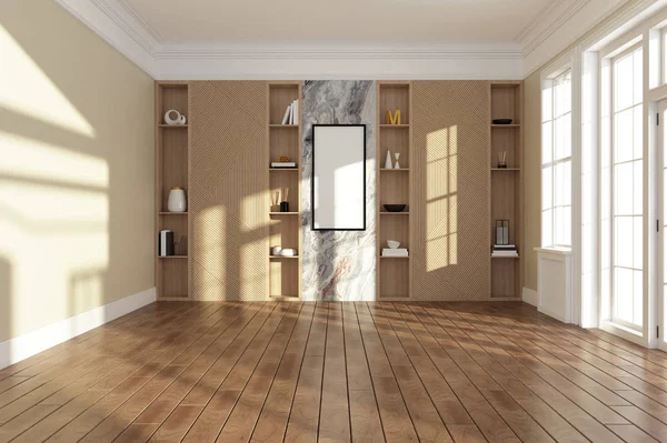 Interior do quarto vazio com piso de madeira e decoração moderna prateleiras de parede. 3d renderização — Fotografia de Stock