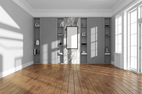 Interior do quarto vazio com piso de madeira e decoração moderna prateleiras de parede. 3d renderização — Fotografia de Stock