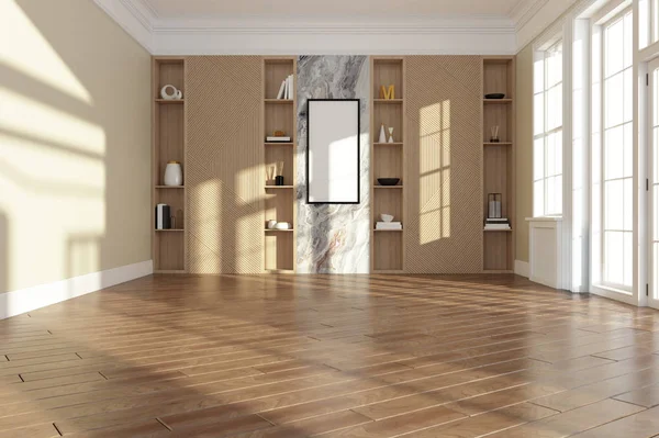 Interior do quarto vazio com piso de madeira e decoração moderna prateleiras de parede. 3d renderização — Fotografia de Stock