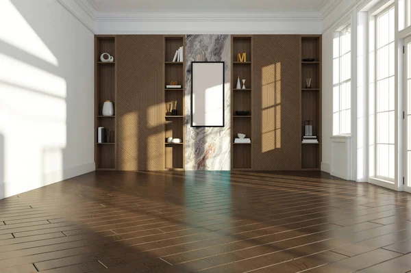 Interni vuoti con pavimento in legno e moderni ripiani decorativi. Rendimento 3d — Foto Stock