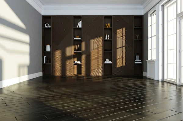 Tomma rum interiör med trägolv och moderna vägg hyllor dekoration. 3D-återgivning — Stockfoto
