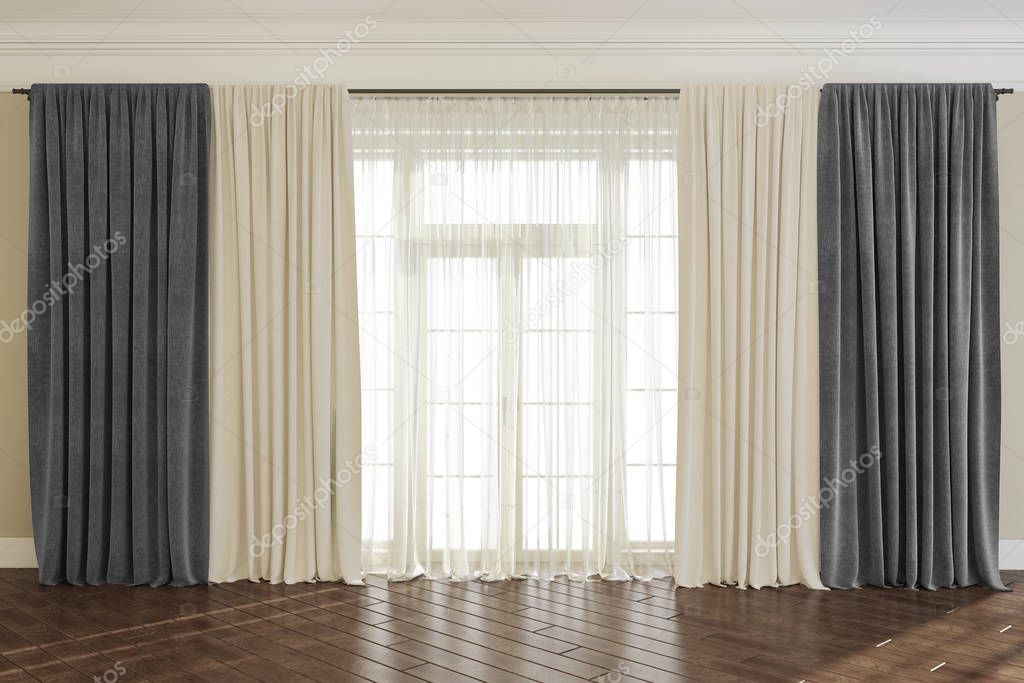 Empty room with window and curtains. 3d render