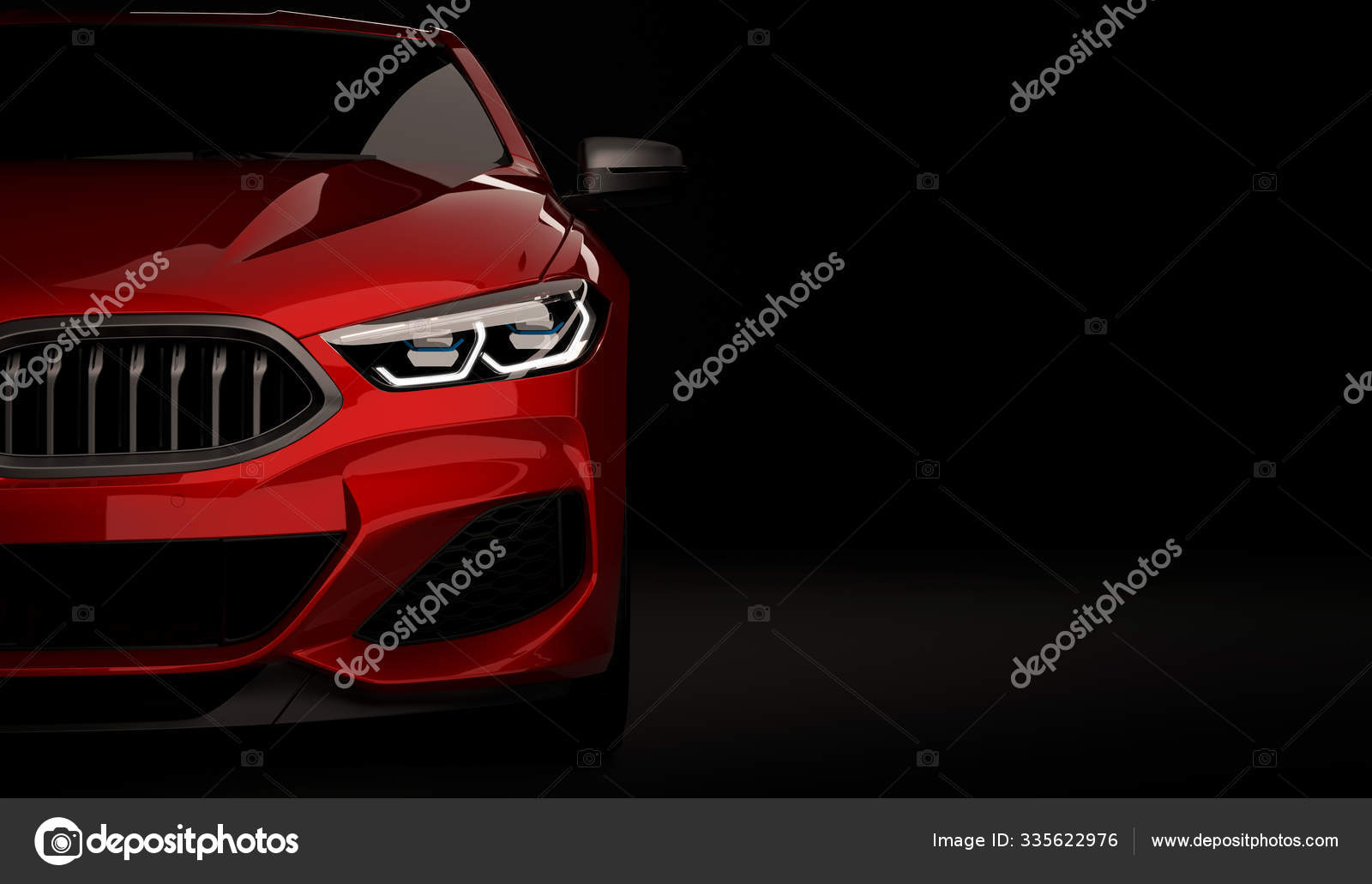 黑色背景上的时尚汽车, 开着led 灯。未来派现代车辆头部在黑暗中发光。3d 渲染—— 库存社论照片© Medvedsky.kz #335622976, image size:1600x1031