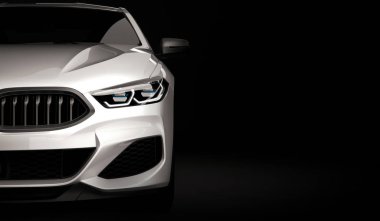 Led ışıkları ile şık Araba siyah bir arka plan. Fütüristik modern araç baş hafif xenon kara günü. 3D render