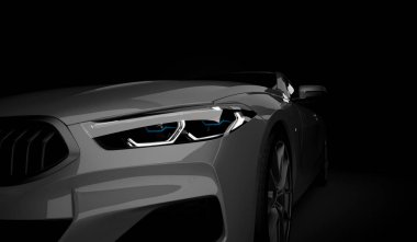 Led ışıkları ile şık Araba siyah bir arka plan. Fütüristik modern araç baş hafif xenon kara günü. 3D render