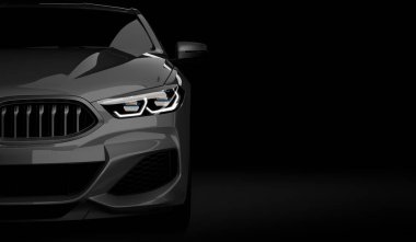 Led ışıkları ile şık Araba siyah bir arka plan. Fütüristik modern araç baş hafif xenon kara günü. 3D render