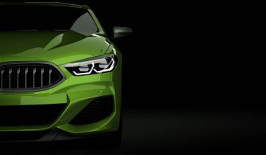Led ışıkları ile şık Araba siyah bir arka plan. Fütüristik modern araç baş hafif xenon kara günü. 3D render