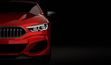 Led ışıkları ile şık Araba siyah bir arka plan. Fütüristik modern araç baş hafif xenon kara günü. 3D render