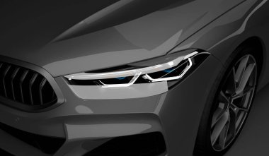 Led ışıkları ile şık Araba siyah bir arka plan. Fütüristik modern araç baş hafif xenon kara günü. 3D render
