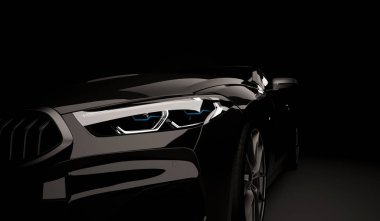 Led ışıkları ile şık Araba siyah bir arka plan. Fütüristik modern araç baş hafif xenon kara günü. 3D render